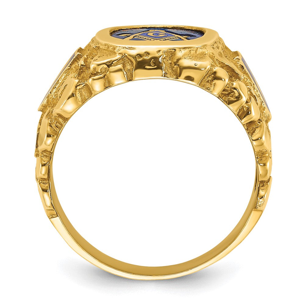 14K Gelbgold Herren-Freimaurerring "Blue Lodge Master" poliert und mit Nugget-Textur, mit blauem Emaille und synthetischem Saphir