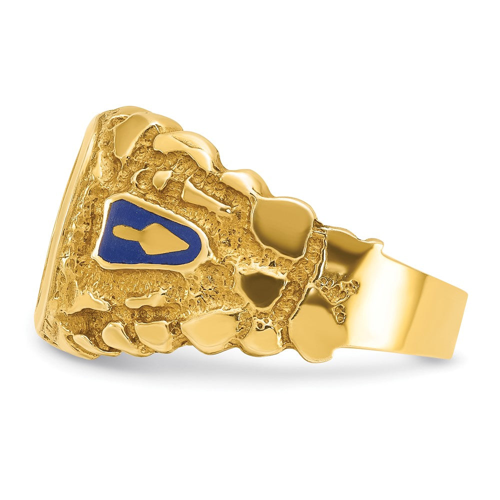 14K Gelbgold Herren-Freimaurerring "Blue Lodge Master" poliert und mit Nugget-Textur, mit blauem Emaille und synthetischem Saphir