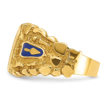 14K Gelbgold Herren-Freimaurerring "Blue Lodge Master" poliert und mit Nugget-Textur, mit blauem Emaille und synthetischem Saphir