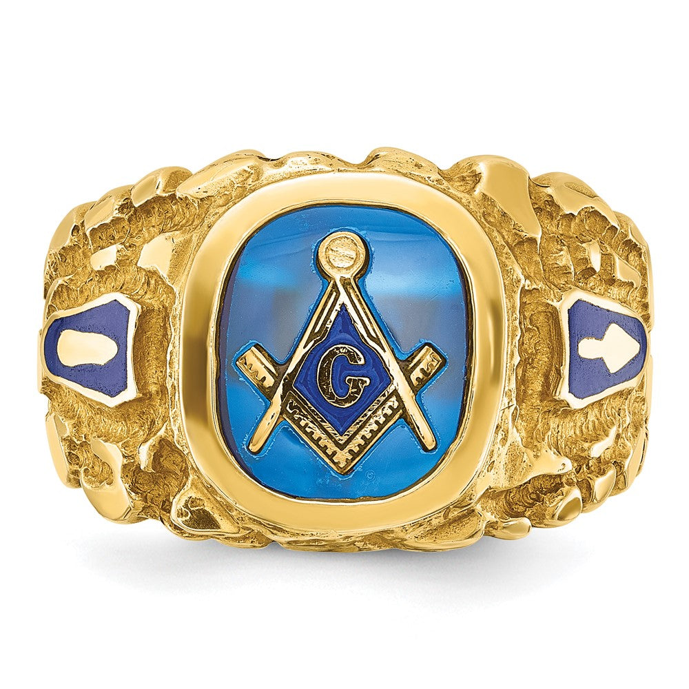 14K Gelbgold Herren-Freimaurerring "Blue Lodge Master" poliert und mit Nugget-Textur, mit blauem Emaille und synthetischem Saphir