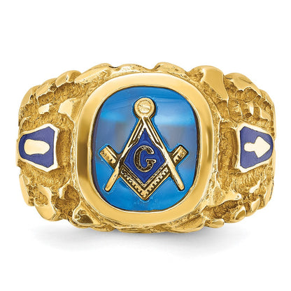 14K Gelbgold Herren-Freimaurerring "Blue Lodge Master" poliert und mit Nugget-Textur, mit blauem Emaille und synthetischem Saphir