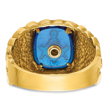 14K Gelbgold Herren-Freimaurerring "Blue Lodge Master" poliert und mit Nugget-Textur, mit blauem Emaille und synthetischem Saphir