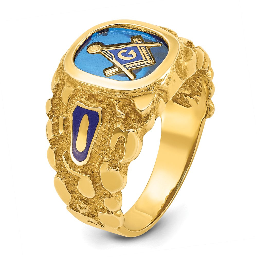 14K Gelbgold Herren-Freimaurerring "Blue Lodge Master" poliert und mit Nugget-Textur, mit blauem Emaille und synthetischem Saphir