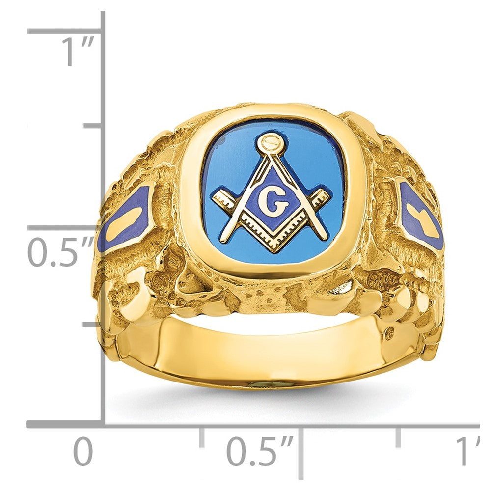 14K Gelbgold Herren-Freimaurerring "Blue Lodge Master" poliert und mit Nugget-Textur, mit blauem Emaille und synthetischem Saphir