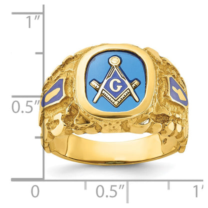 14K Gelbgold Herren-Freimaurerring "Blue Lodge Master" poliert und mit Nugget-Textur, mit blauem Emaille und synthetischem Saphir