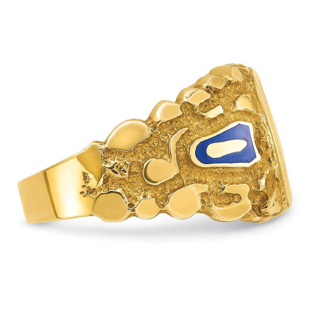14K Gelbgold Herren-Freimaurerring "Blue Lodge Master" poliert und mit Nugget-Textur, mit blauem Emaille und synthetischem Saphir