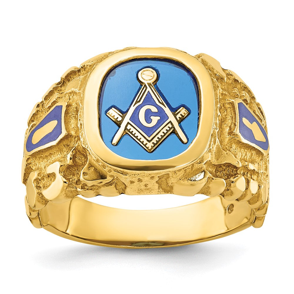 14K Gelbgold Herren-Freimaurerring "Blue Lodge Master" poliert und mit Nugget-Textur, mit blauem Emaille und synthetischem Saphir