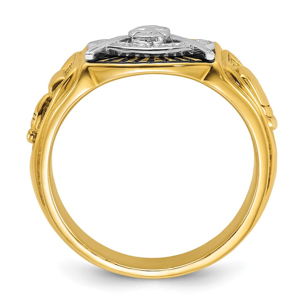 14K Bicolor Gold Herren-Ring, poliert und texturiert, mit schwarzer Emaille, Past Master Freimaurer-Motiv
