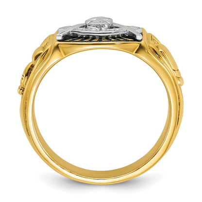 14K Bicolor Gold Herren-Ring, poliert und texturiert, mit schwarzer Emaille, Past Master Freimaurer-Motiv