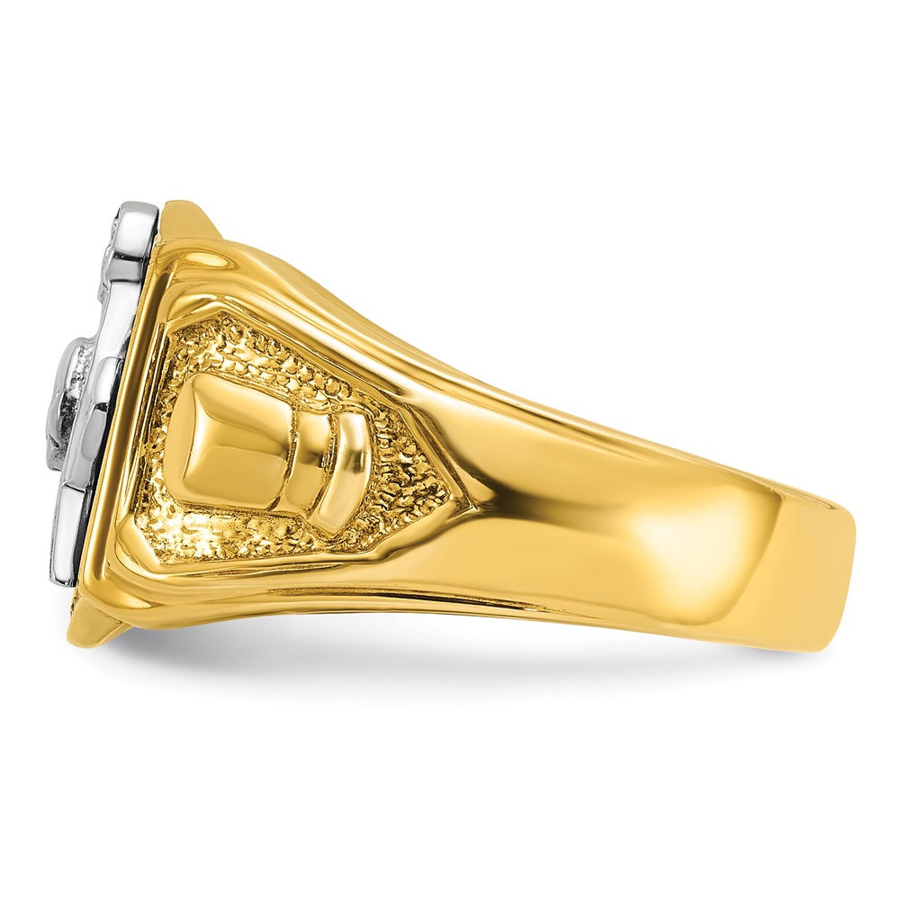 14K Bicolor Gold Herren-Ring, poliert und texturiert, mit schwarzer Emaille, Past Master Freimaurer-Motiv