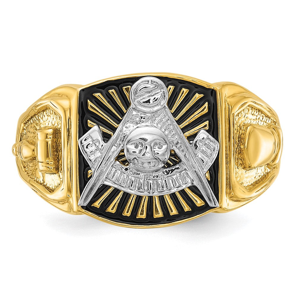 14K Bicolor Gold Herren-Ring, poliert und texturiert, mit schwarzer Emaille, Past Master Freimaurer-Motiv