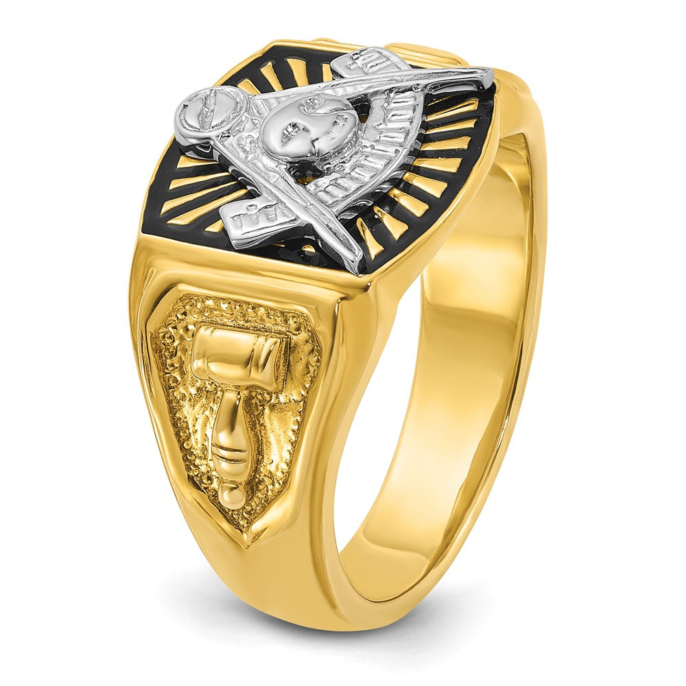 14K Bicolor Gold Herren-Ring, poliert und texturiert, mit schwarzer Emaille, Past Master Freimaurer-Motiv