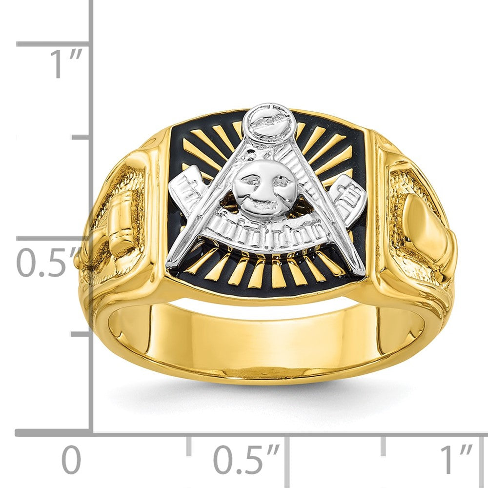 14K Bicolor Gold Herren-Ring, poliert und texturiert, mit schwarzer Emaille, Past Master Freimaurer-Motiv