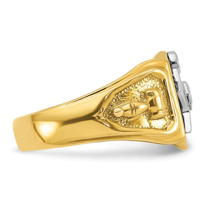 14K Bicolor Gold Herren-Ring, poliert und texturiert, mit schwarzer Emaille, Past Master Freimaurer-Motiv
