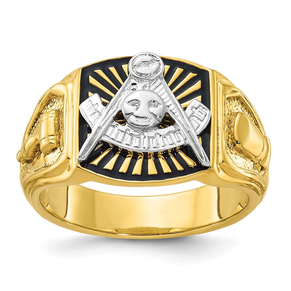 14K Bicolor Gold Herren-Ring, poliert und texturiert, mit schwarzer Emaille, Past Master Freimaurer-Motiv