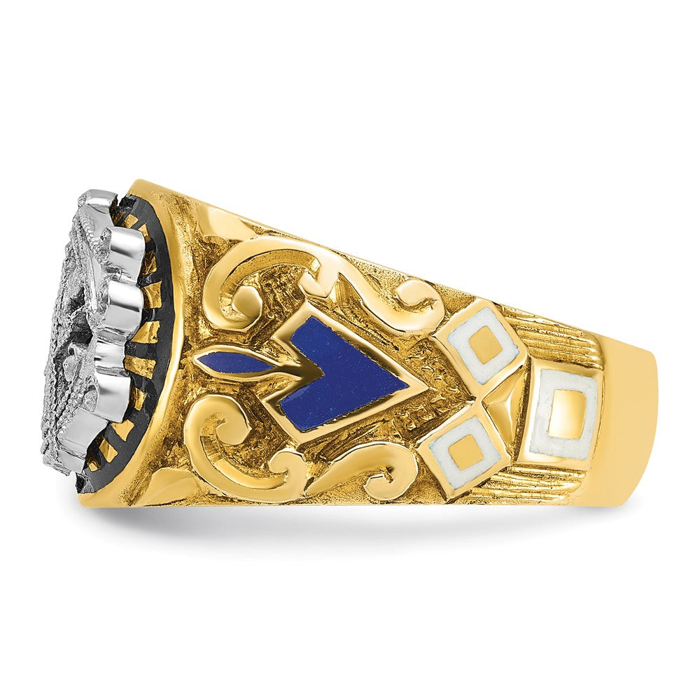 14K Bicolor Gold Herrenring poliert und texturiert mit mehrfarbigem Emaille Blue Lodge Master Freimaurer-Ring