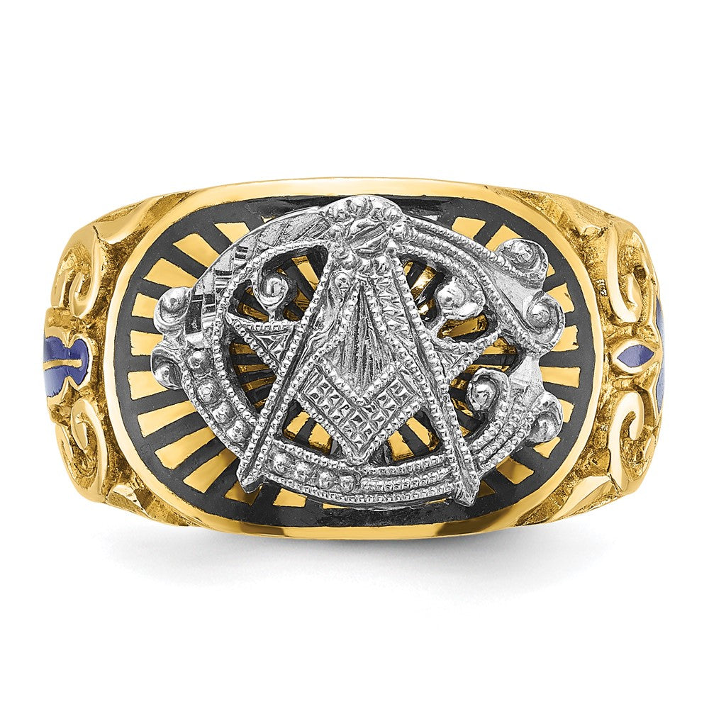 14K Bicolor Gold Herrenring poliert und texturiert mit mehrfarbigem Emaille Blue Lodge Master Freimaurer-Ring