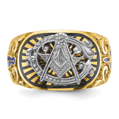 14K Bicolor Gold Herrenring poliert und texturiert mit mehrfarbigem Emaille Blue Lodge Master Freimaurer-Ring
