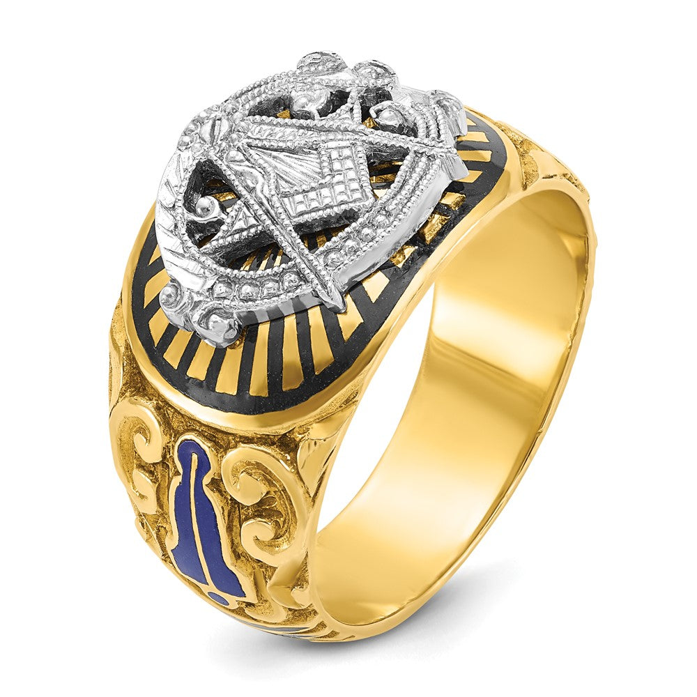 14K Bicolor Gold Herrenring poliert und texturiert mit mehrfarbigem Emaille Blue Lodge Master Freimaurer-Ring
