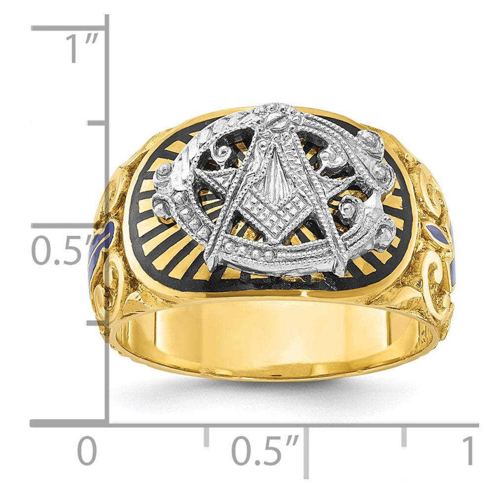 14K Bicolor Gold Herrenring poliert und texturiert mit mehrfarbigem Emaille Blue Lodge Master Freimaurer-Ring