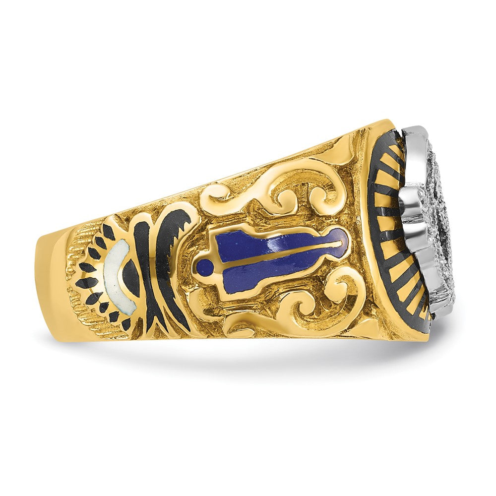 14K Bicolor Gold Herrenring poliert und texturiert mit mehrfarbigem Emaille Blue Lodge Master Freimaurer-Ring