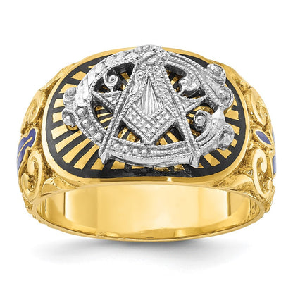 14K Bicolor Gold Herrenring poliert und texturiert mit mehrfarbigem Emaille Blue Lodge Master Freimaurer-Ring