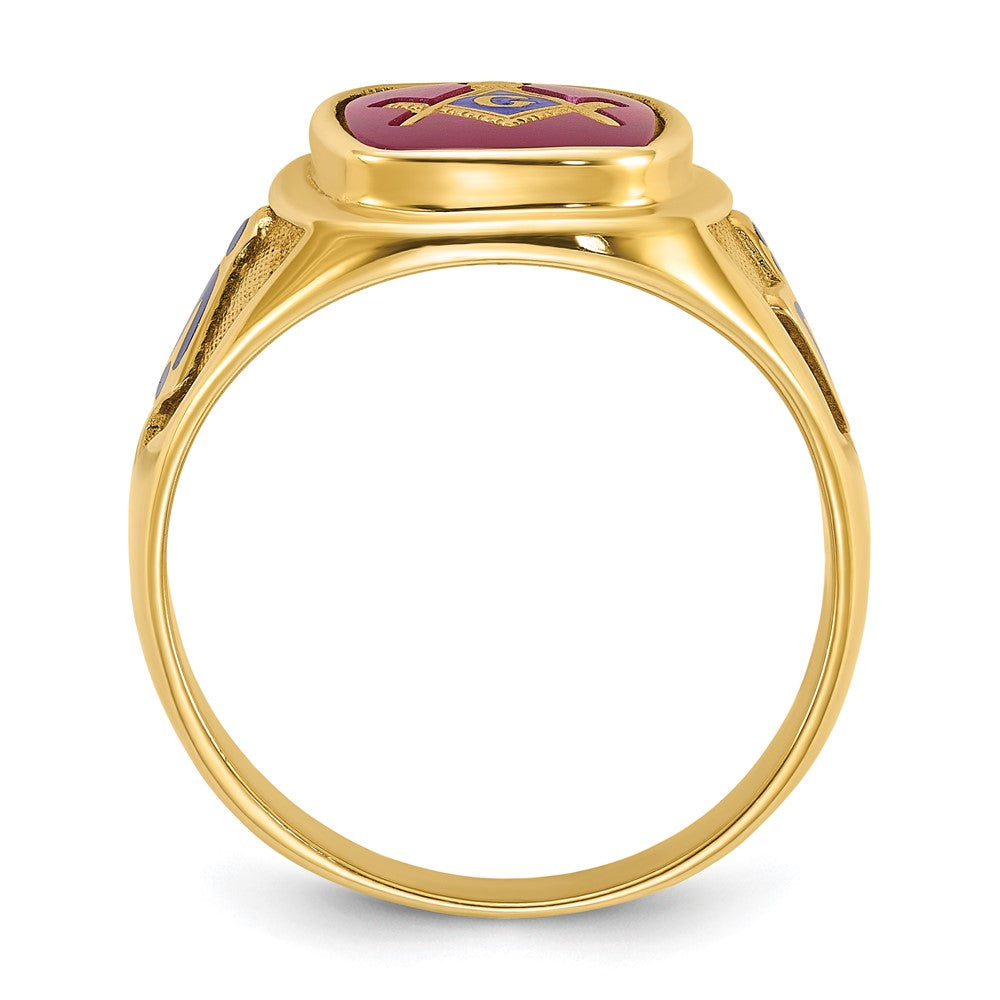 14K Gelbgold Herren-Freimaurerring "Blue Lodge Master" mit polierter und texturierter Oberfläche, blauer Emaille und Labor-erzeugtem Rubin