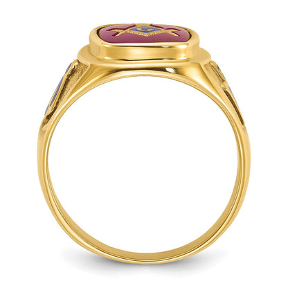 14K Gelbgold Herren-Freimaurerring "Blue Lodge Master" mit polierter und texturierter Oberfläche, blauer Emaille und Labor-erzeugtem Rubin
