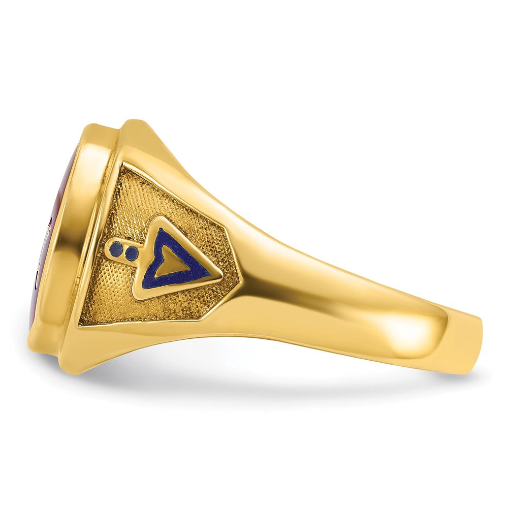 14K Gelbgold Herren-Freimaurerring "Blue Lodge Master" mit polierter und texturierter Oberfläche, blauer Emaille und Labor-erzeugtem Rubin