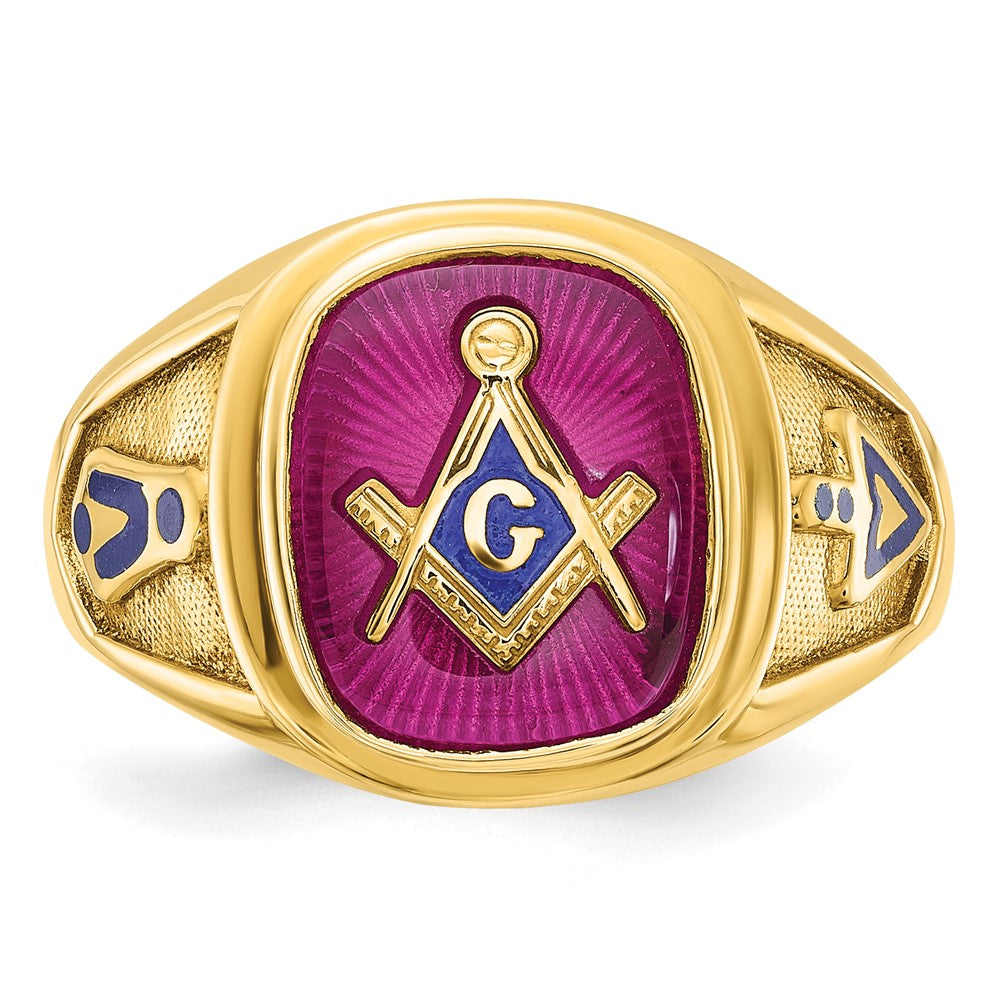 14K Gelbgold Herren-Freimaurerring "Blue Lodge Master" mit polierter und texturierter Oberfläche, blauer Emaille und Labor-erzeugtem Rubin