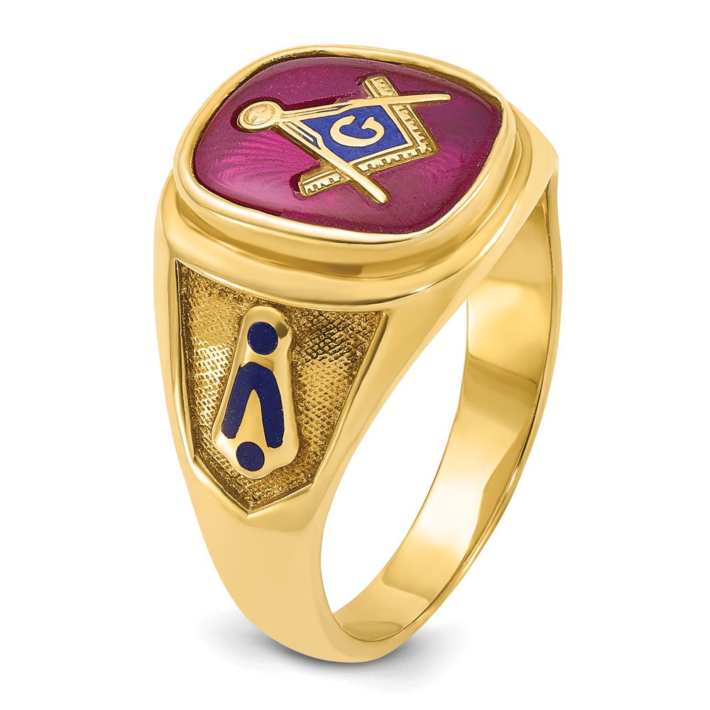 14K Gelbgold Herren-Freimaurerring "Blue Lodge Master" mit polierter und texturierter Oberfläche, blauer Emaille und Labor-erzeugtem Rubin