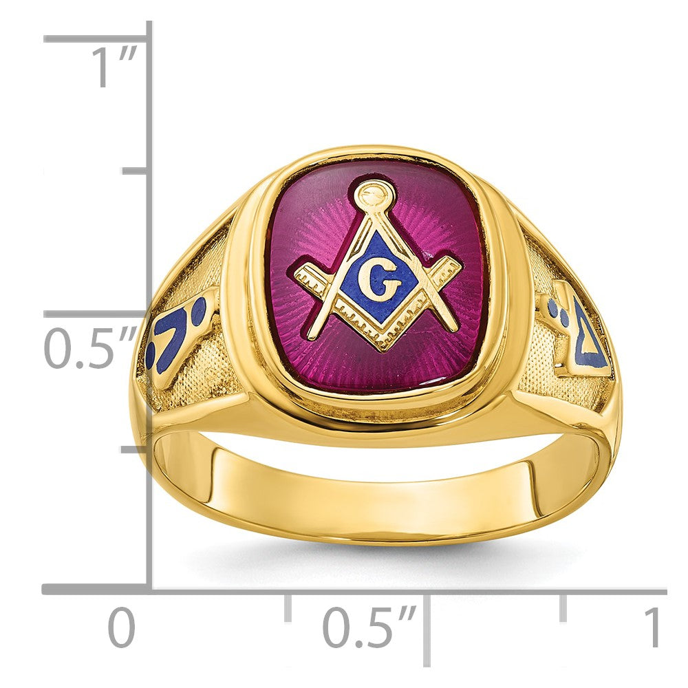 14K Gelbgold Herren-Freimaurerring "Blue Lodge Master" mit polierter und texturierter Oberfläche, blauer Emaille und Labor-erzeugtem Rubin