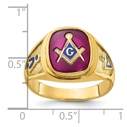 14K Gelbgold Herren-Freimaurerring "Blue Lodge Master" mit polierter und texturierter Oberfläche, blauer Emaille und Labor-erzeugtem Rubin