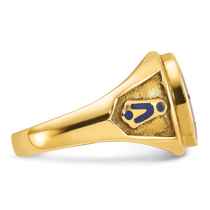 14K Gelbgold Herren-Freimaurerring "Blue Lodge Master" mit polierter und texturierter Oberfläche, blauer Emaille und Labor-erzeugtem Rubin