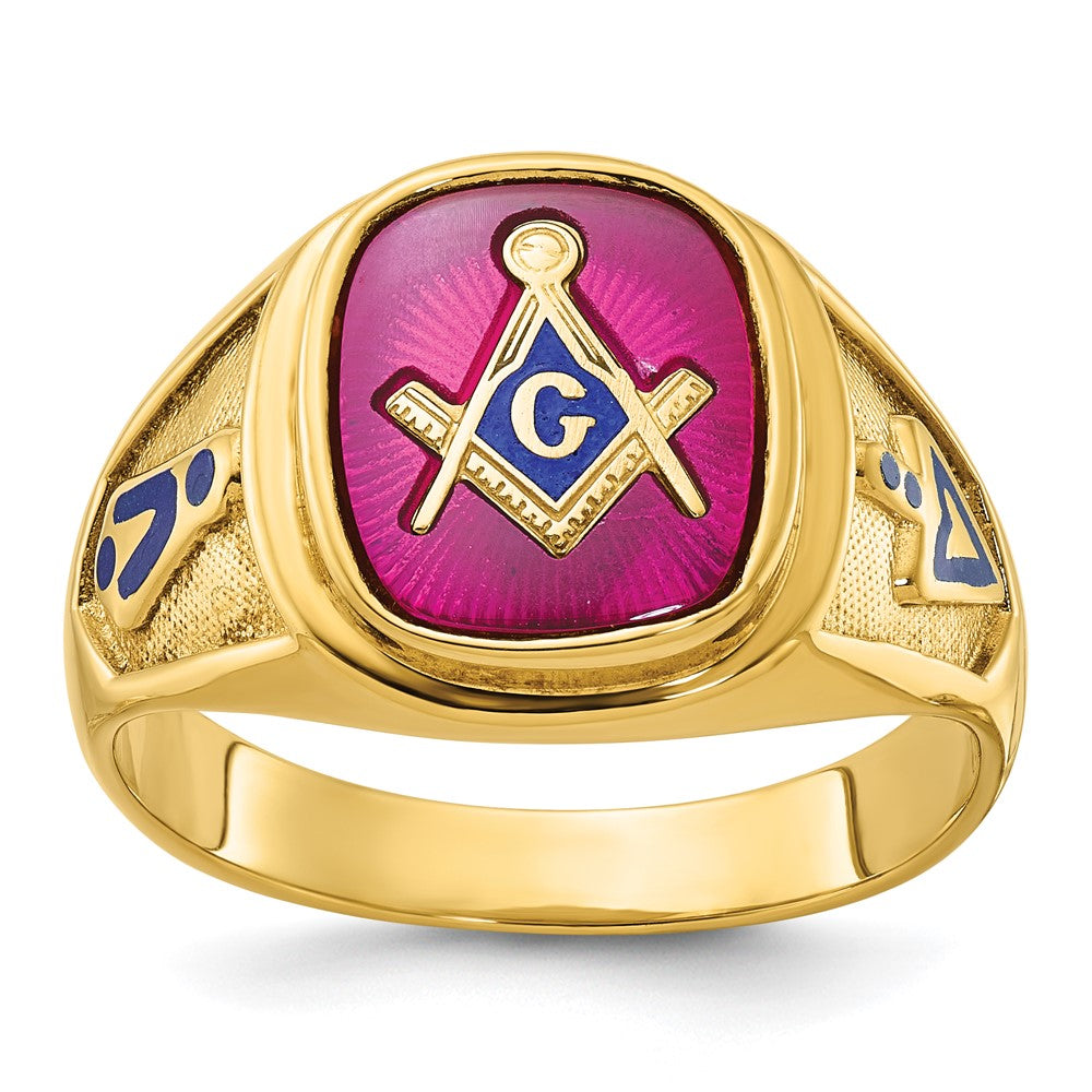 14K Gelbgold Herren-Freimaurerring "Blue Lodge Master" mit polierter und texturierter Oberfläche, blauer Emaille und Labor-erzeugtem Rubin