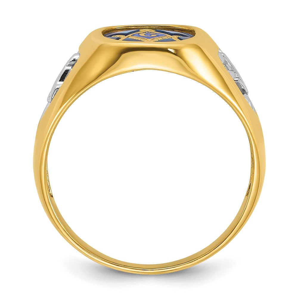 14K Gelbgold mit Weißrhodium Herren-Siegelring, poliert und texturiert, mit im Labor gezüchtetem blauem Saphir, Blue Lodge Master Freimaurer-Ring