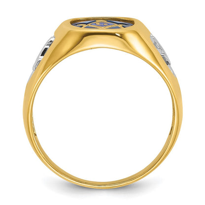 14K Gelbgold mit Weißrhodium Herren-Siegelring, poliert und texturiert, mit im Labor gezüchtetem blauem Saphir, Blue Lodge Master Freimaurer-Ring