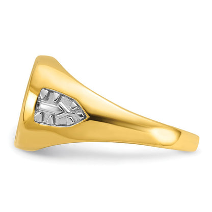 14K Gelbgold mit Weißrhodium Herren-Siegelring, poliert und texturiert, mit im Labor gezüchtetem blauem Saphir, Blue Lodge Master Freimaurer-Ring