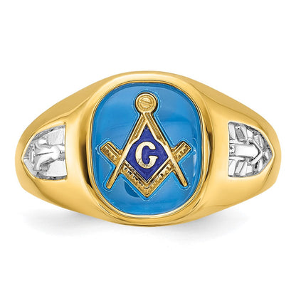 14K Gelbgold mit Weißrhodium Herren-Siegelring, poliert und texturiert, mit im Labor gezüchtetem blauem Saphir, Blue Lodge Master Freimaurer-Ring