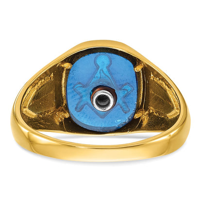14K Gelbgold mit Weißrhodium Herren-Siegelring, poliert und texturiert, mit im Labor gezüchtetem blauem Saphir, Blue Lodge Master Freimaurer-Ring