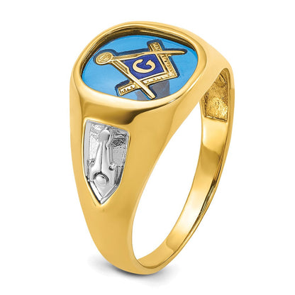14K Gelbgold mit Weißrhodium Herren-Siegelring, poliert und texturiert, mit im Labor gezüchtetem blauem Saphir, Blue Lodge Master Freimaurer-Ring