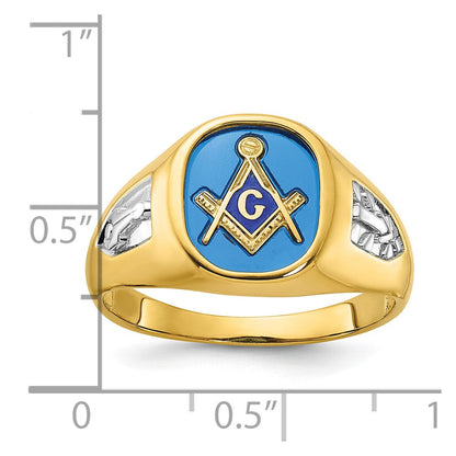 14K Gelbgold mit Weißrhodium Herren-Siegelring, poliert und texturiert, mit im Labor gezüchtetem blauem Saphir, Blue Lodge Master Freimaurer-Ring