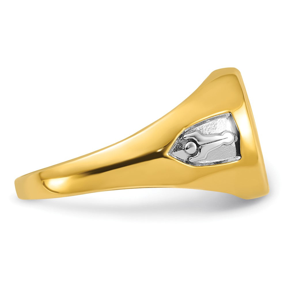 14K Gelbgold mit Weißrhodium Herren-Siegelring, poliert und texturiert, mit im Labor gezüchtetem blauem Saphir, Blue Lodge Master Freimaurer-Ring