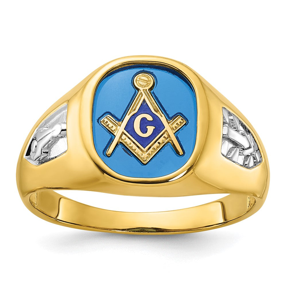 14K Gelbgold mit Weißrhodium Herren-Siegelring, poliert und texturiert, mit im Labor gezüchtetem blauem Saphir, Blue Lodge Master Freimaurer-Ring