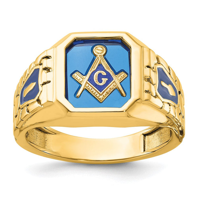 10K Gelbgold Ibgoodman Herren Poliert und Strukturiert mit Blau Emaille Im Labor Erzeugt Saphir Lodge Master Freimaurer Ring