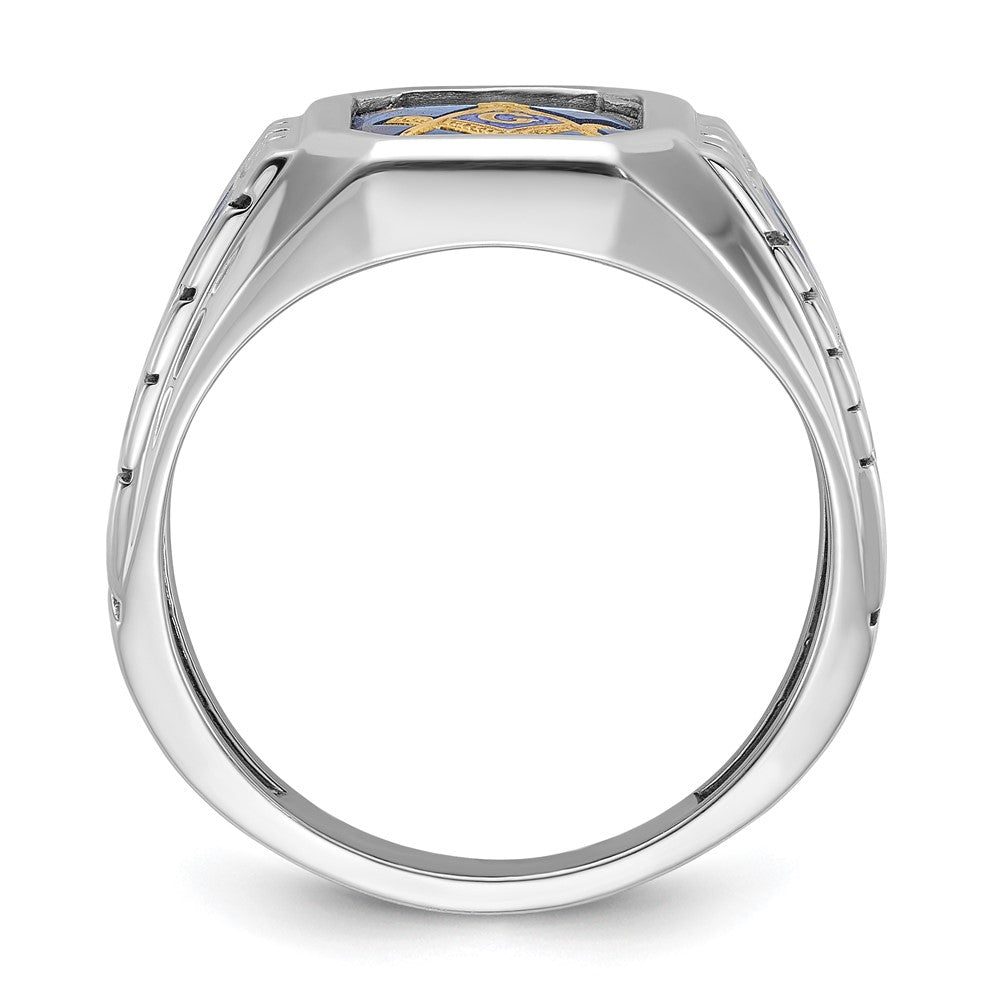 14K Weißgold Herren-Freimaurerring "Blaue Loge Meister", poliert und texturiert, mit blauer Emaille und im Labor gezüchtetem Saphir