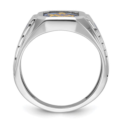 14K Weißgold Herren-Freimaurerring "Blaue Loge Meister", poliert und texturiert, mit blauer Emaille und im Labor gezüchtetem Saphir