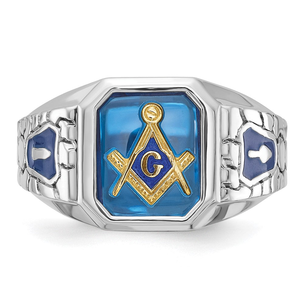 14K Weißgold Herren-Freimaurerring "Blaue Loge Meister", poliert und texturiert, mit blauer Emaille und im Labor gezüchtetem Saphir