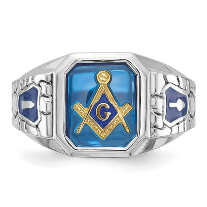 14K Weißgold Herren-Freimaurerring "Blaue Loge Meister", poliert und texturiert, mit blauer Emaille und im Labor gezüchtetem Saphir