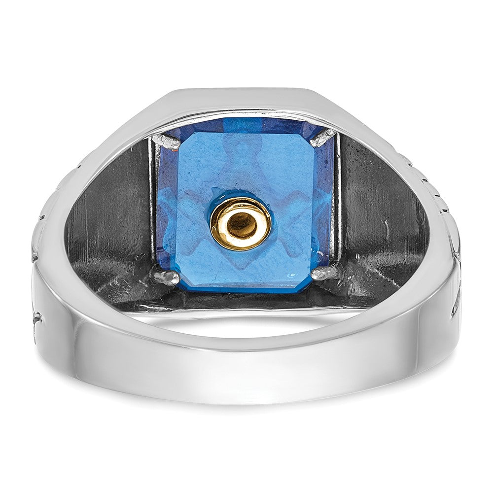 14K Weißgold Herren-Freimaurerring "Blaue Loge Meister", poliert und texturiert, mit blauer Emaille und im Labor gezüchtetem Saphir